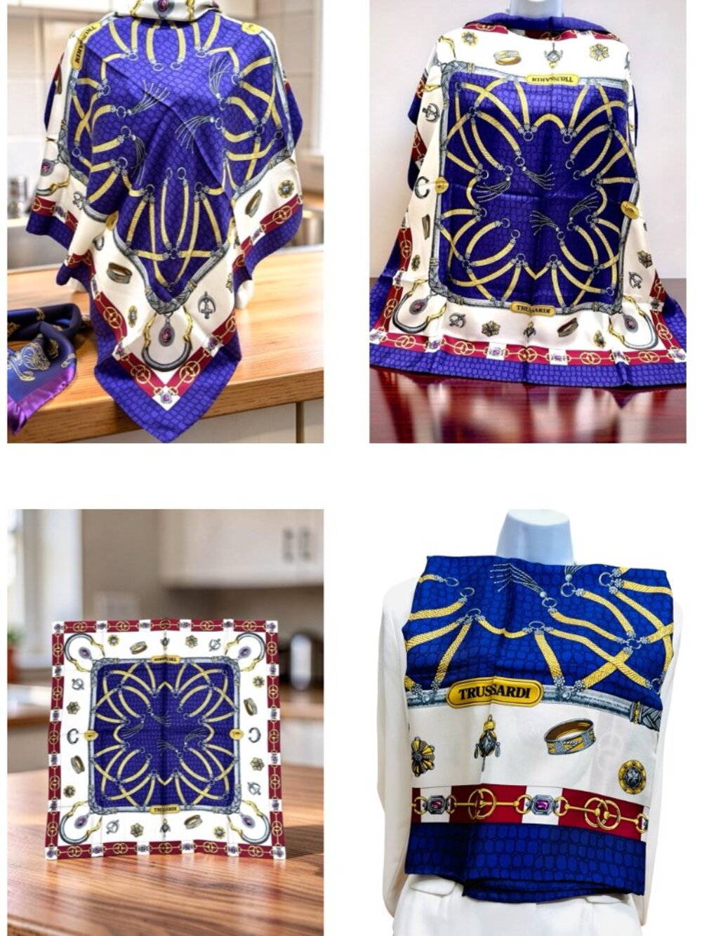 New- Beautiful Trussardi 100% silk Scarf satin 35" Purple Blue White Gold (17 - Picture 5 of 16